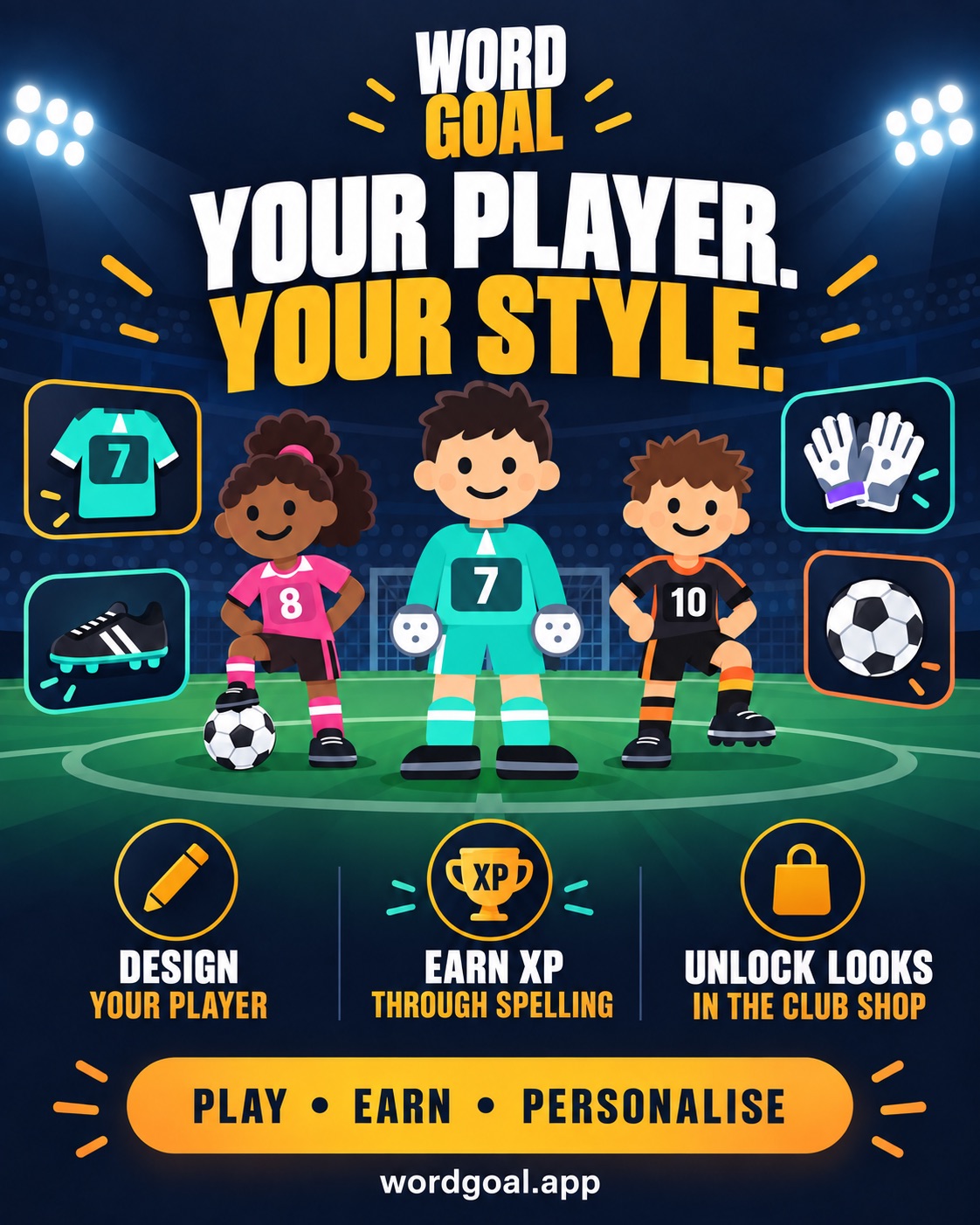 Three cartoon football players in custom kits, boots and gloves